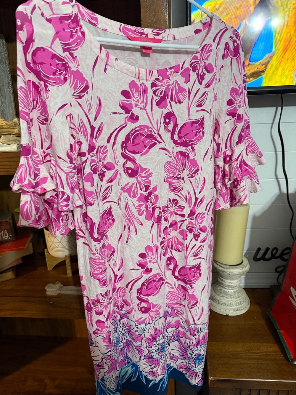 Lilly Pulitzer Pink Floral Ruffle-Sleeve Tunic with Blue Border